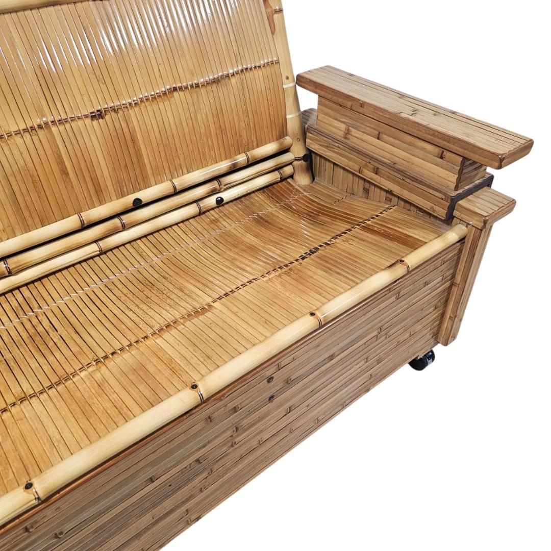 梅里竹芸 3人掛け 健康 長椅子 真竹 片肘テーブル キャスター付き バンブー