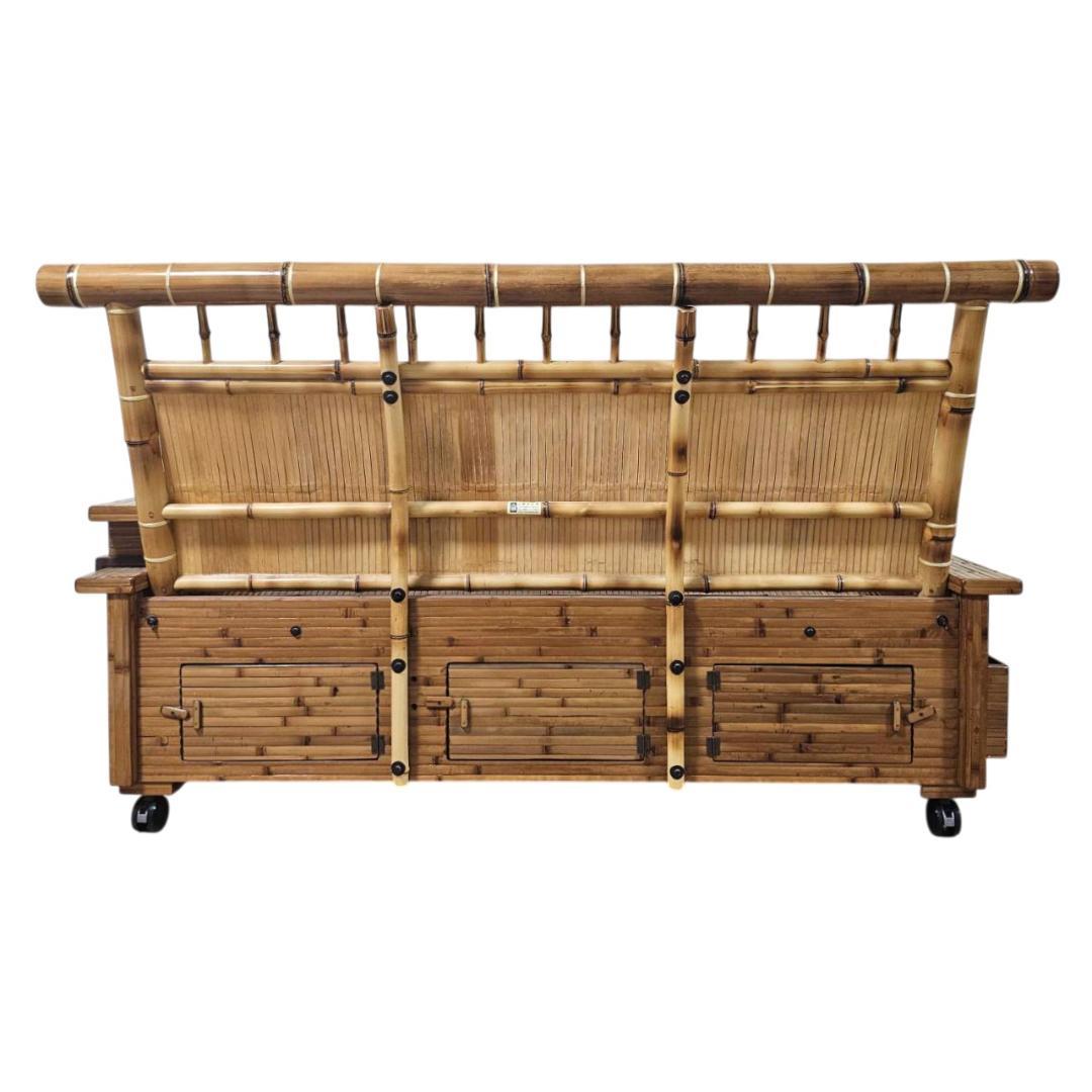 梅里竹芸 3人掛け 健康 長椅子 真竹 片肘テーブル キャスター付き バンブー