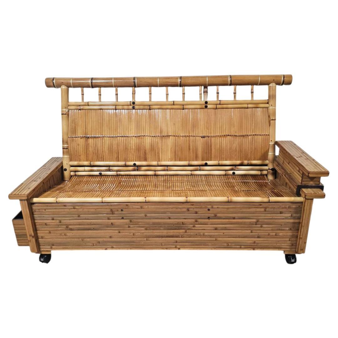 梅里竹芸 3人掛け 健康 長椅子 真竹 片肘テーブル キャスター付き バンブー