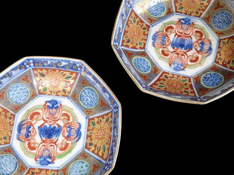 大聖寺伊万里 金襴手 描分 花に青海波八角5寸皿 2枚 D931AS-CRx