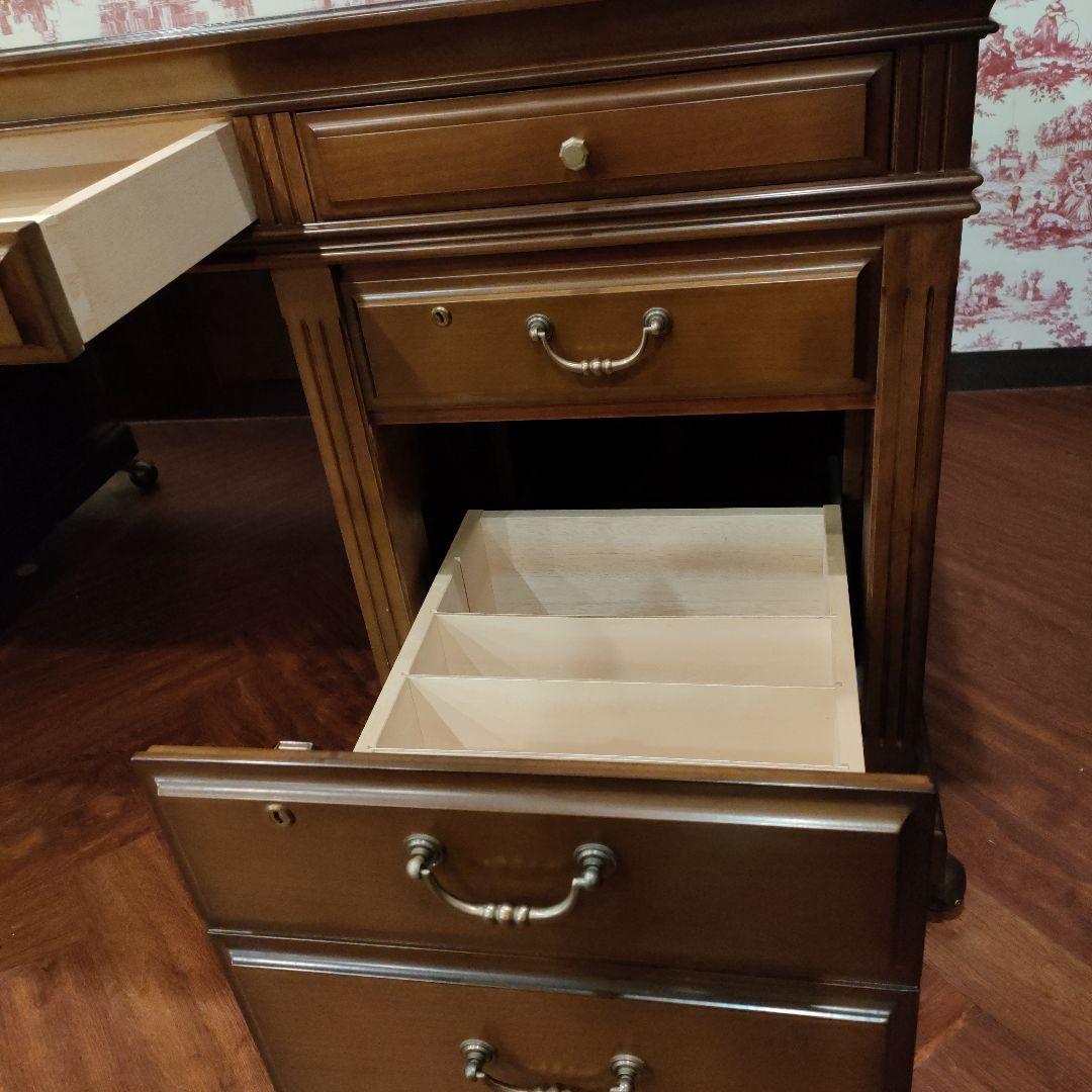 豪華クラシック書斎両袖 木製デスク 幅180㌢キャスター付き鍵付き