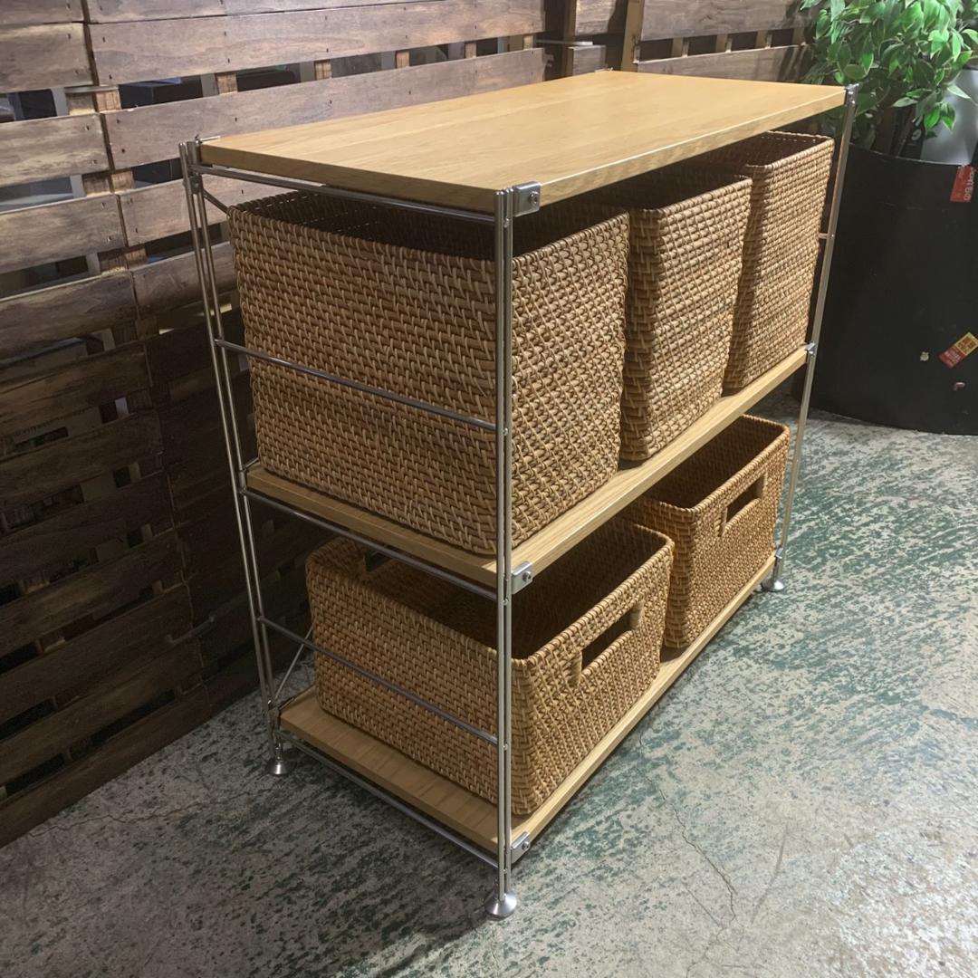 K980 無印良品 スチールユニットシェルフ 木製棚 ラタンバスケット付