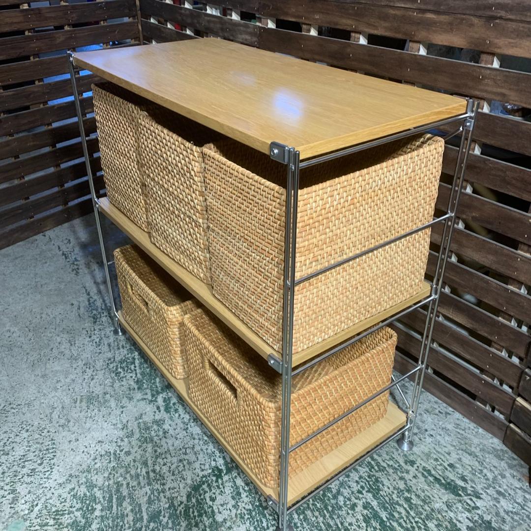 K980 無印良品 スチールユニットシェルフ 木製棚 ラタンバスケット付