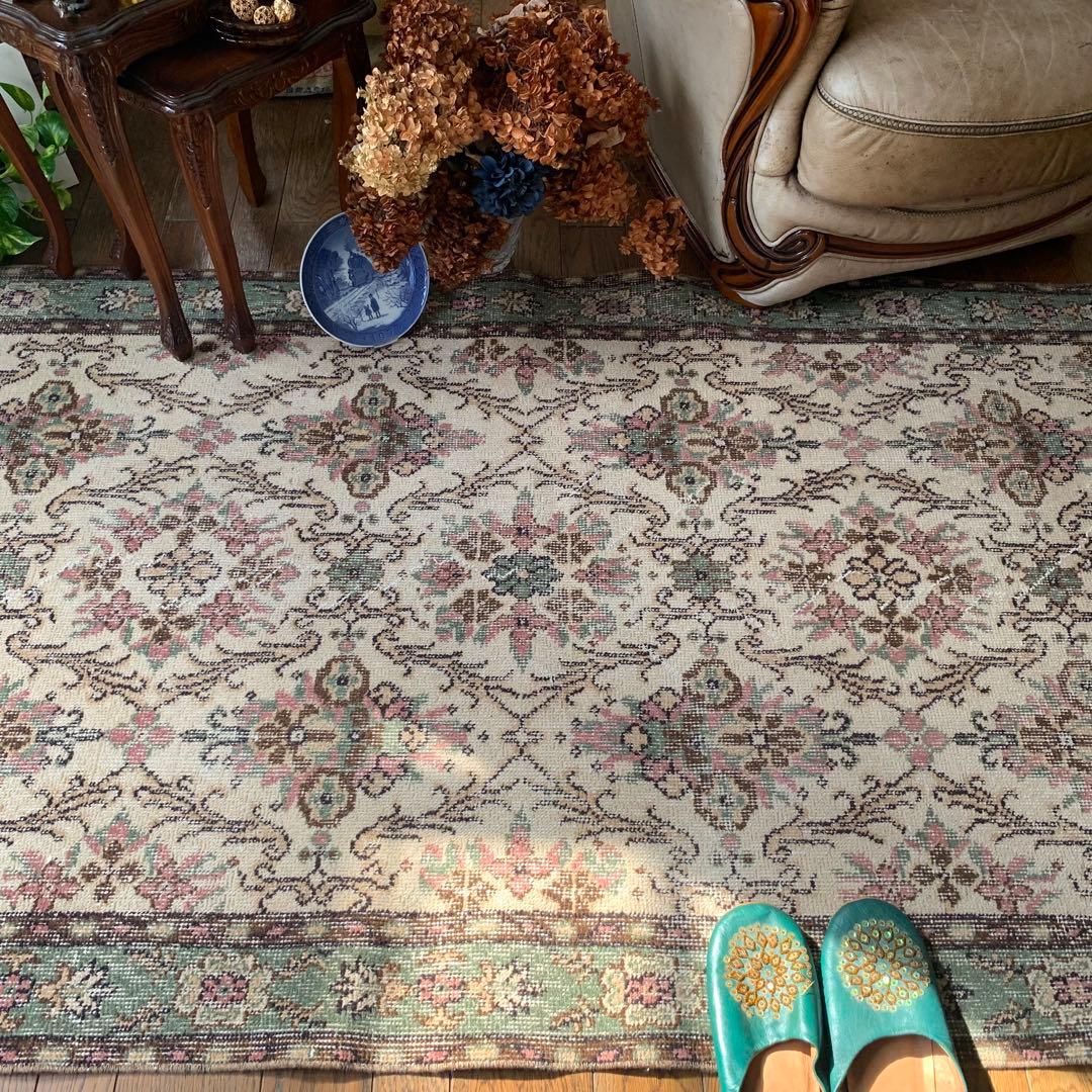 トルコヴィンテージラグ　204×108 くすみピンク　キャラメルベージュ　トルコ