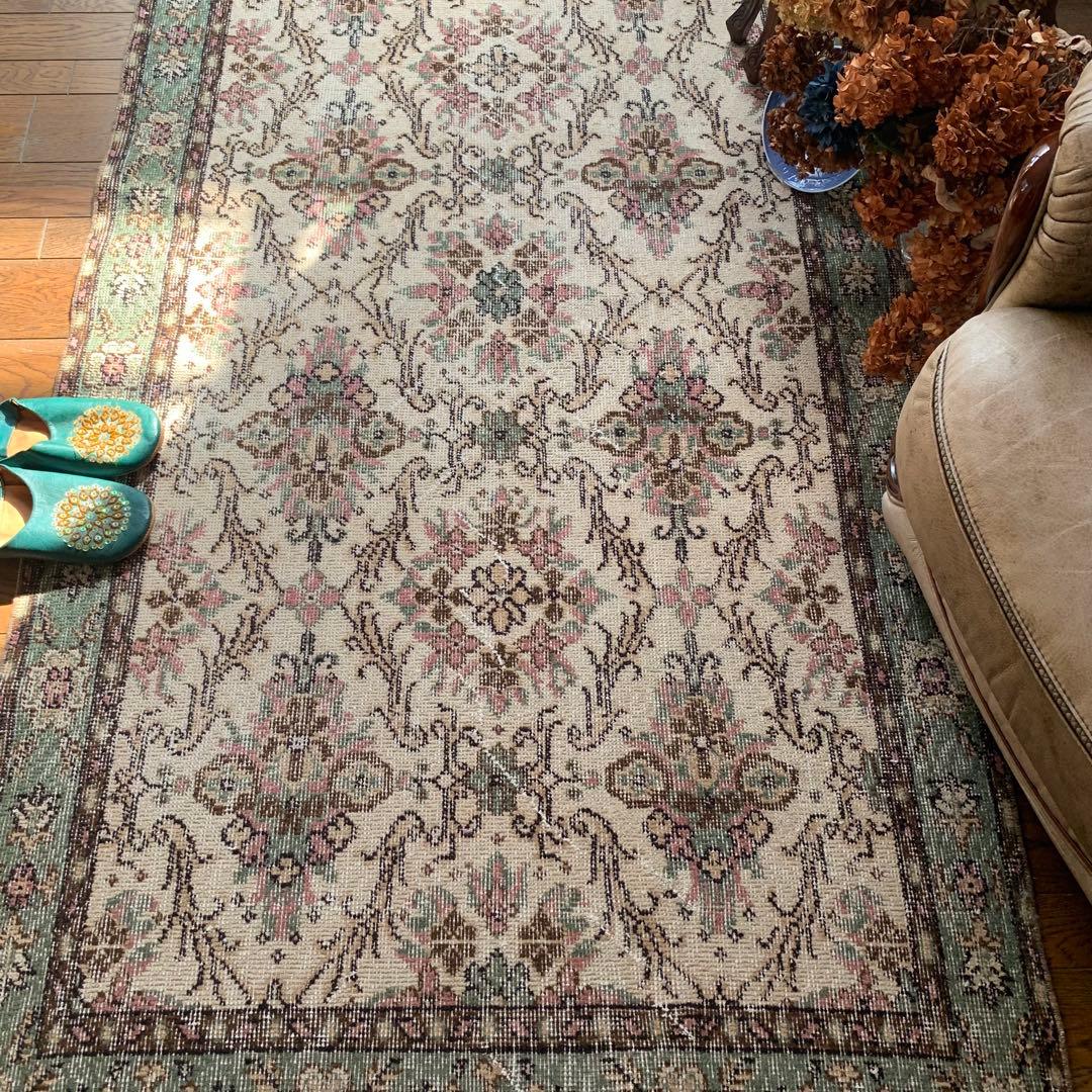 トルコヴィンテージラグ　204×108 くすみピンク　キャラメルベージュ　トルコ