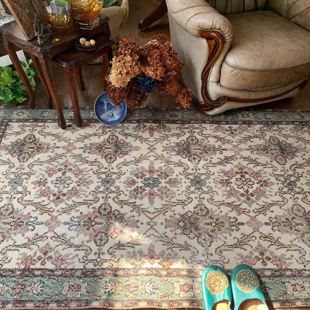 トルコヴィンテージラグ　204×108 くすみピンク　キャラメルベージュ　トルコ