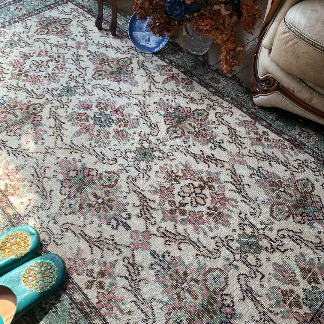 トルコヴィンテージラグ　204×108 くすみピンク　キャラメルベージュ　トルコ