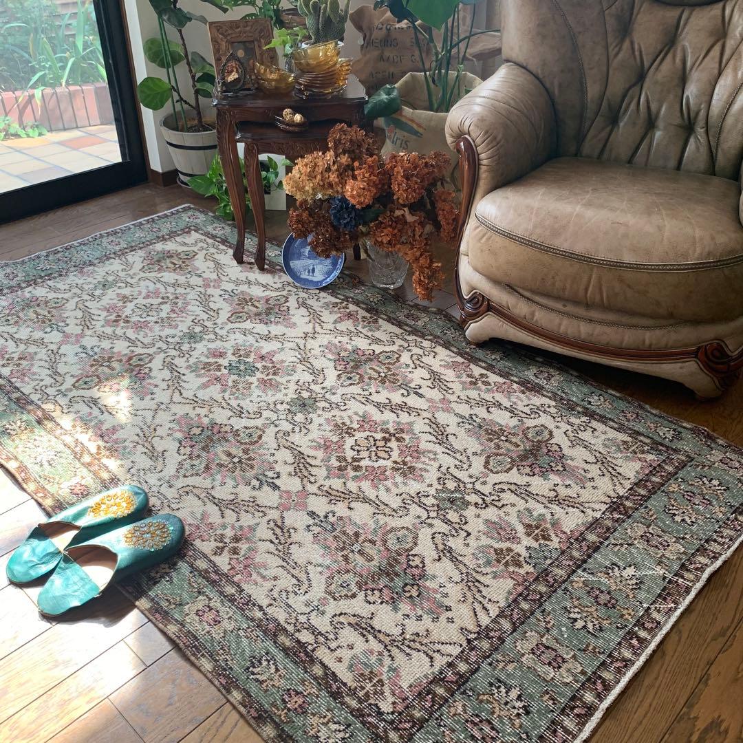 トルコヴィンテージラグ　204×108 くすみピンク　キャラメルベージュ　トルコ