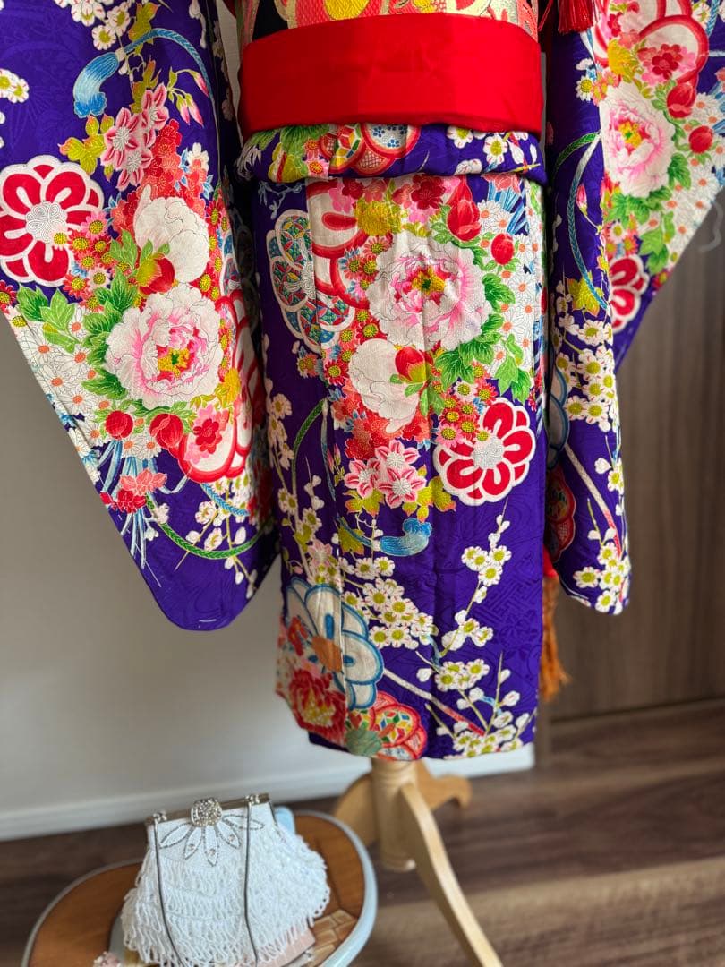 七五三に★正絹青紫色に八重梅　四季花々　五歳、七歳の着物セット