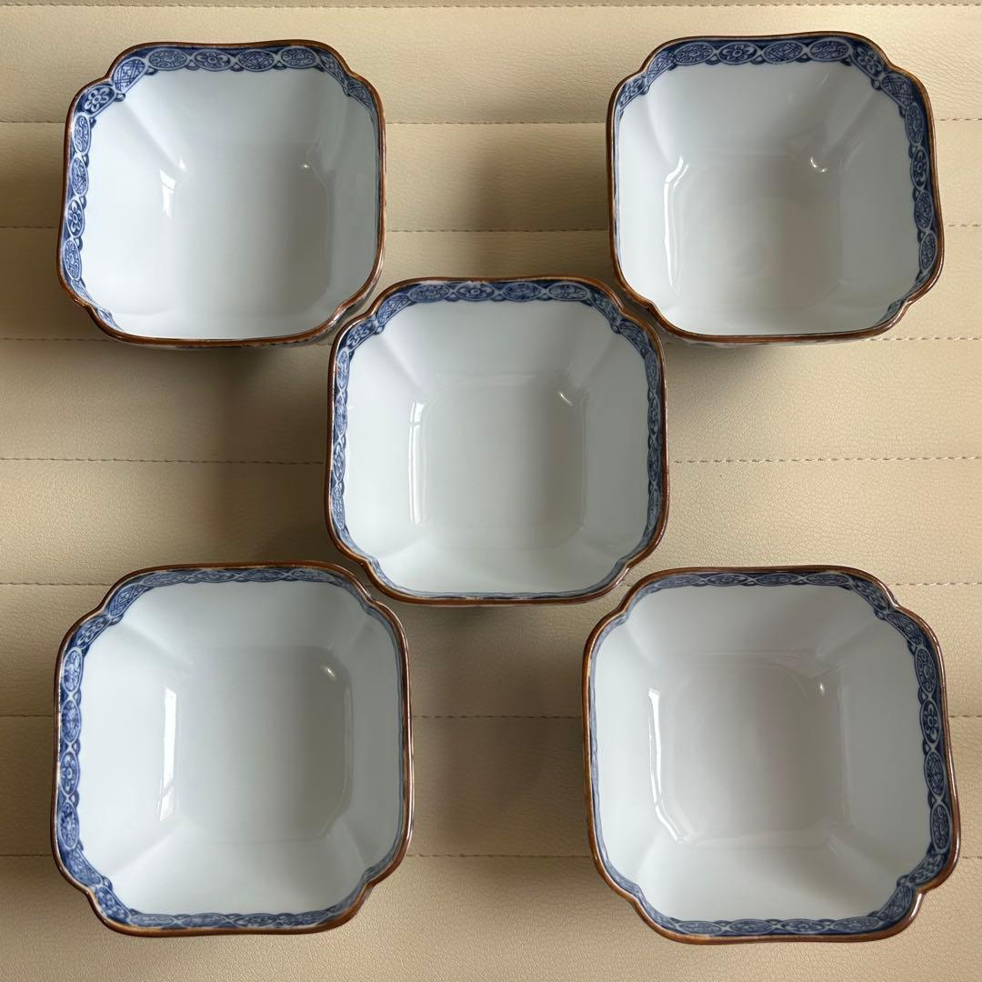 有田焼 賞美堂 其泉窯 染付祥瑞梅花鳥 小鉢揃 5枚セット 煮物鉢 角鉢