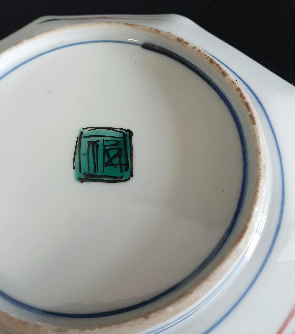 明治時代～大正時代 九谷焼 青手九谷 花鳥図 八角形皿 【二重角福】銘