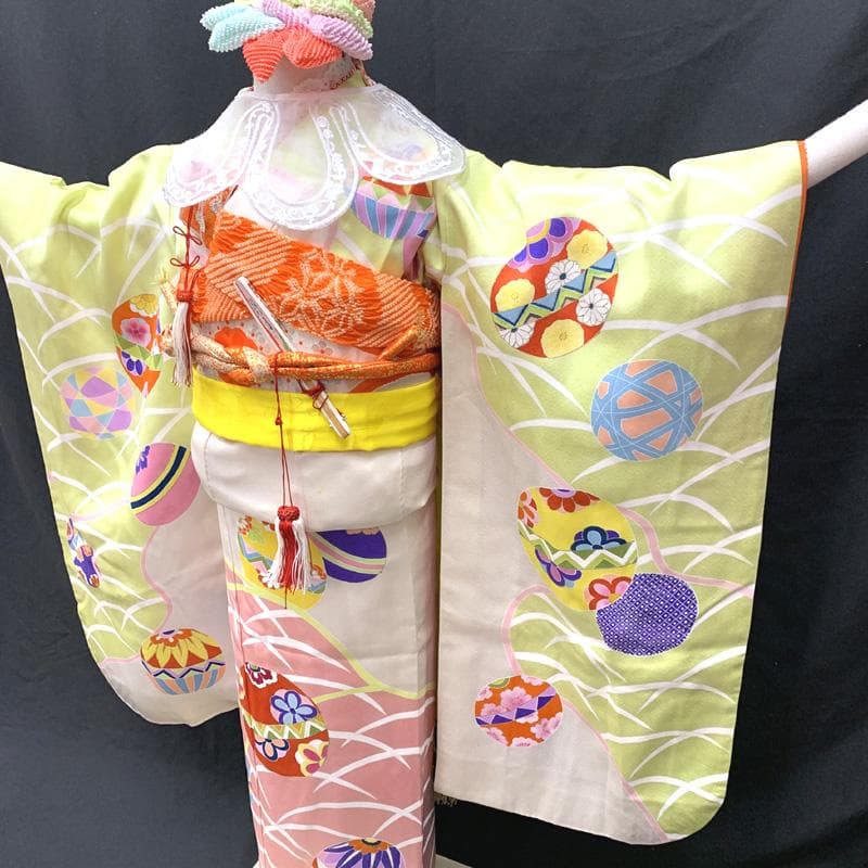 504ag6,帯揚げ帯締めしごき□七五三 七歳 女児 着物&袋帯 毬 芝文