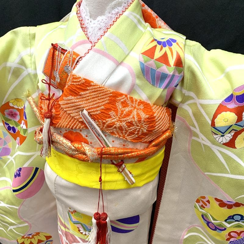 504ag6,帯揚げ帯締めしごき□七五三 七歳 女児 着物&袋帯 毬 芝文