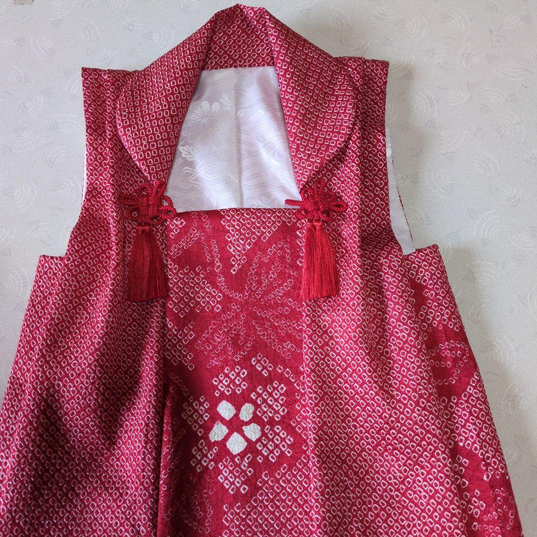 七五三３歳正絹総絞り手縫いの被布(巾着付き）赤色