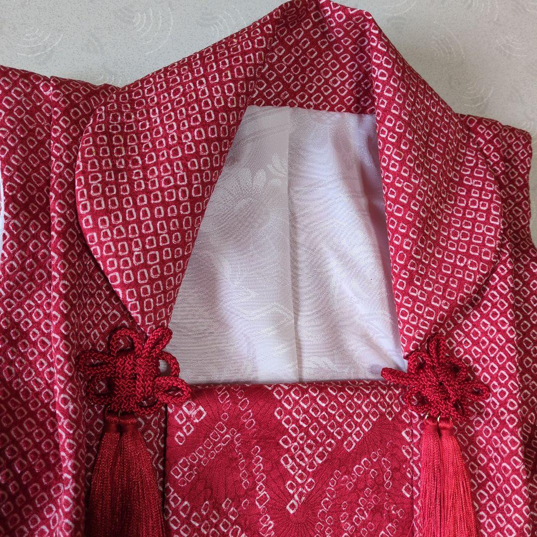 七五三３歳正絹総絞り手縫いの被布(巾着付き）赤色