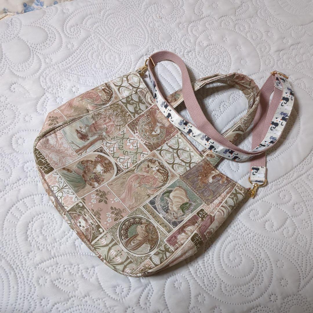 専用…ミュシャ風猫柄…猫インド刺繍付き トートバッグ…アンテークピンク系