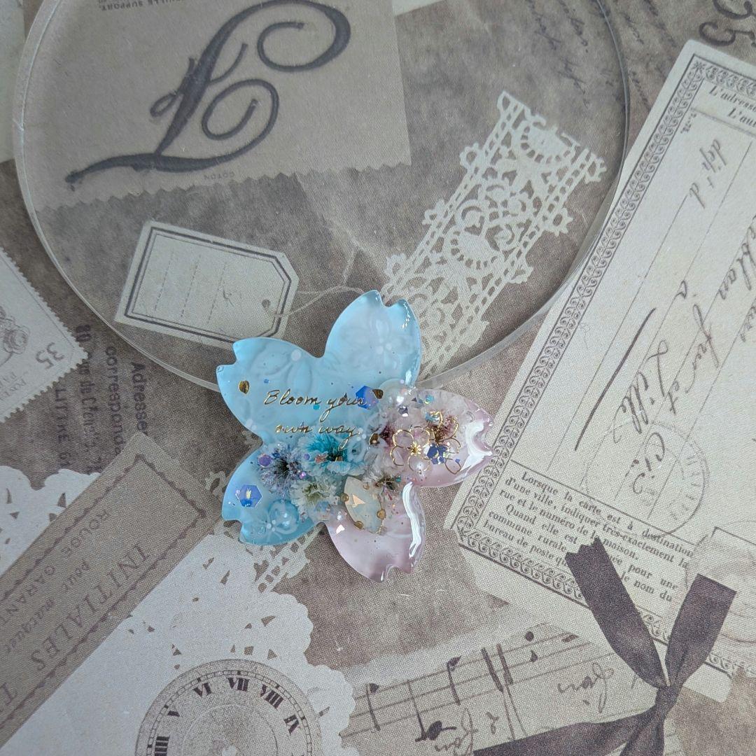 465 手描き✴桜❀✴アクア＆ピンク✴レジンヘアゴムキーホルダー