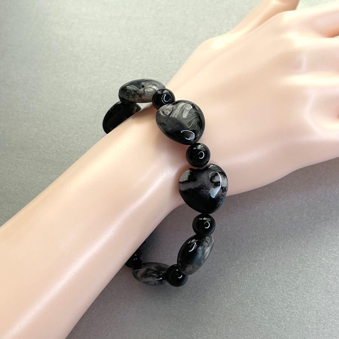 夜桜瑪瑙 ハート型 天然石ブレスレット パーツ ブラック桜めのう