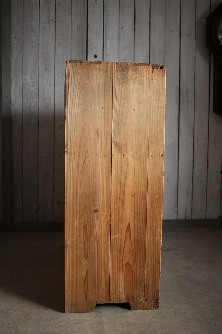 古い木枠のモールガラス戸棚　収納棚　食器棚　キャビネット　古家具