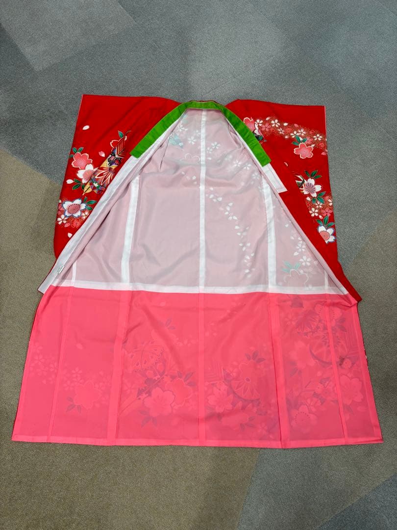 七五三用 赤 花柄 着物 長襦袢半衿付き 7歳 兵児帯 へこ帯