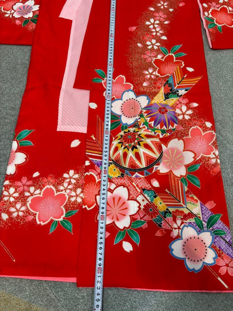七五三用 赤 花柄 着物 長襦袢半衿付き 7歳 兵児帯 へこ帯