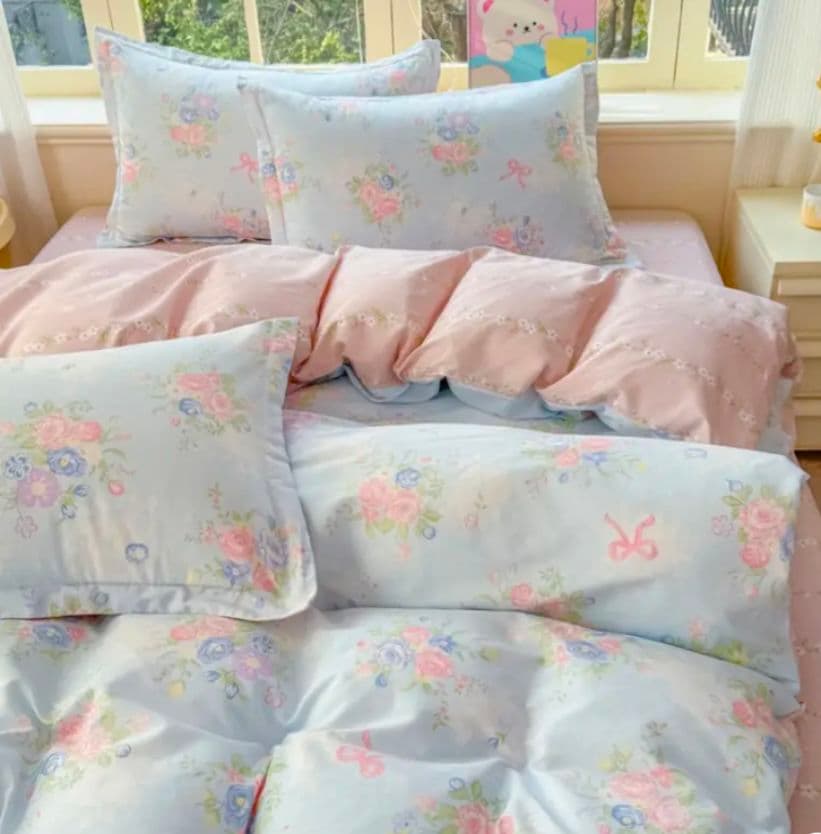 新品★水色にパステル玉薔薇ブーケリボン柄 シングル掛け布団カバー枕カバーセット