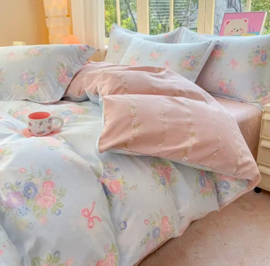 新品★水色にパステル玉薔薇ブーケリボン柄 シングル掛け布団カバー枕カバーセット