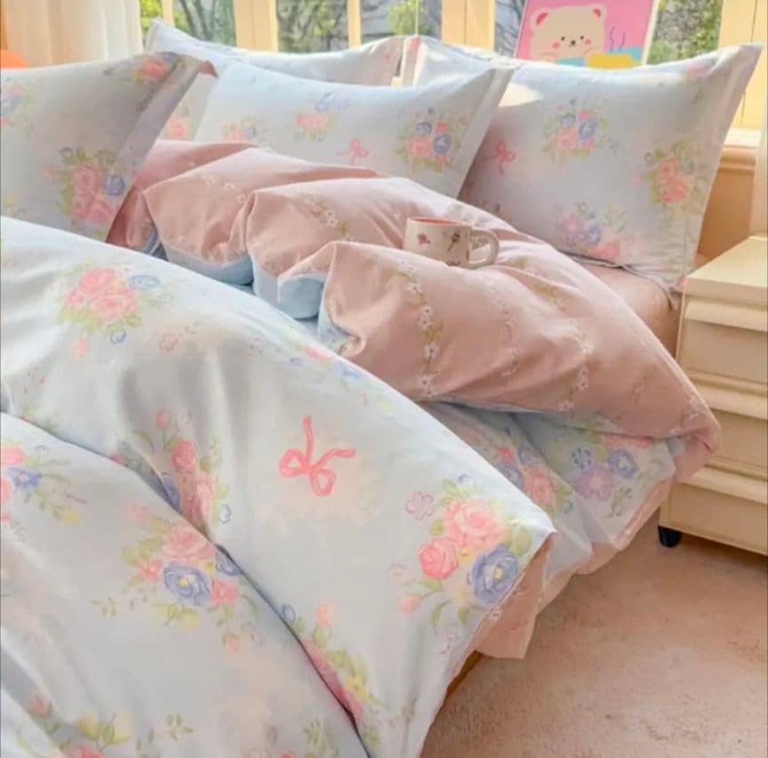 新品★水色にパステル玉薔薇ブーケリボン柄 シングル掛け布団カバー枕カバーセット