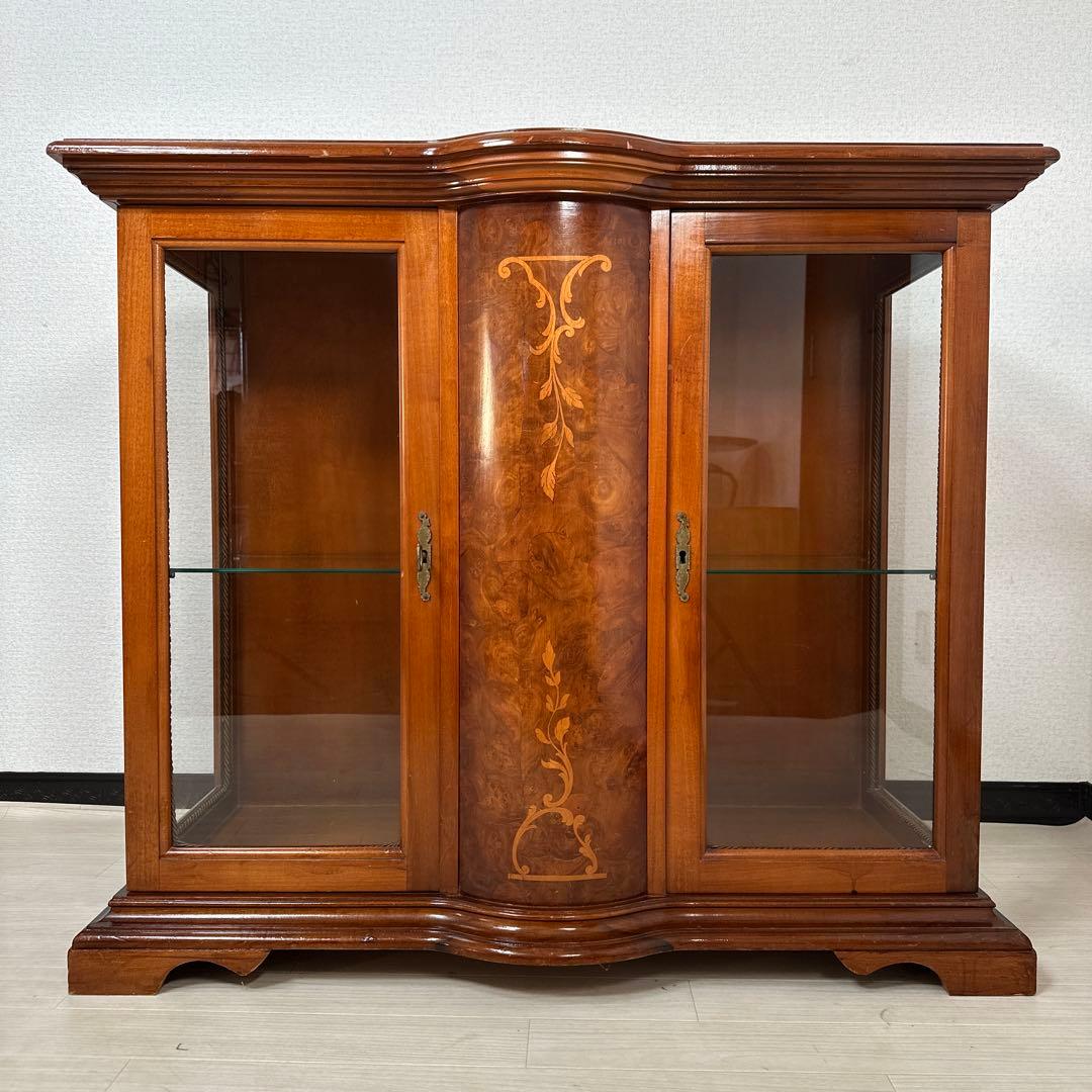 英国 アンティーク調 ガラス キャビネット キュリオケース 飾り棚 象嵌 i4※