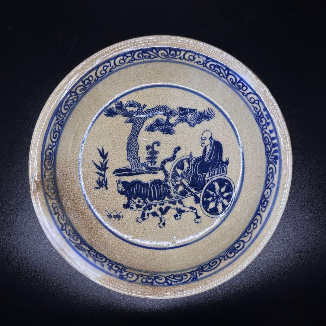 R113 アンティークアンティーク磁器 青花開片 鬼谷子下山 図紋洗賞皿