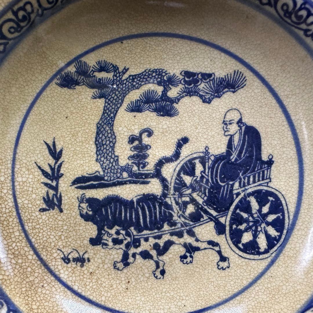 R113 アンティークアンティーク磁器 青花開片 鬼谷子下山 図紋洗賞皿