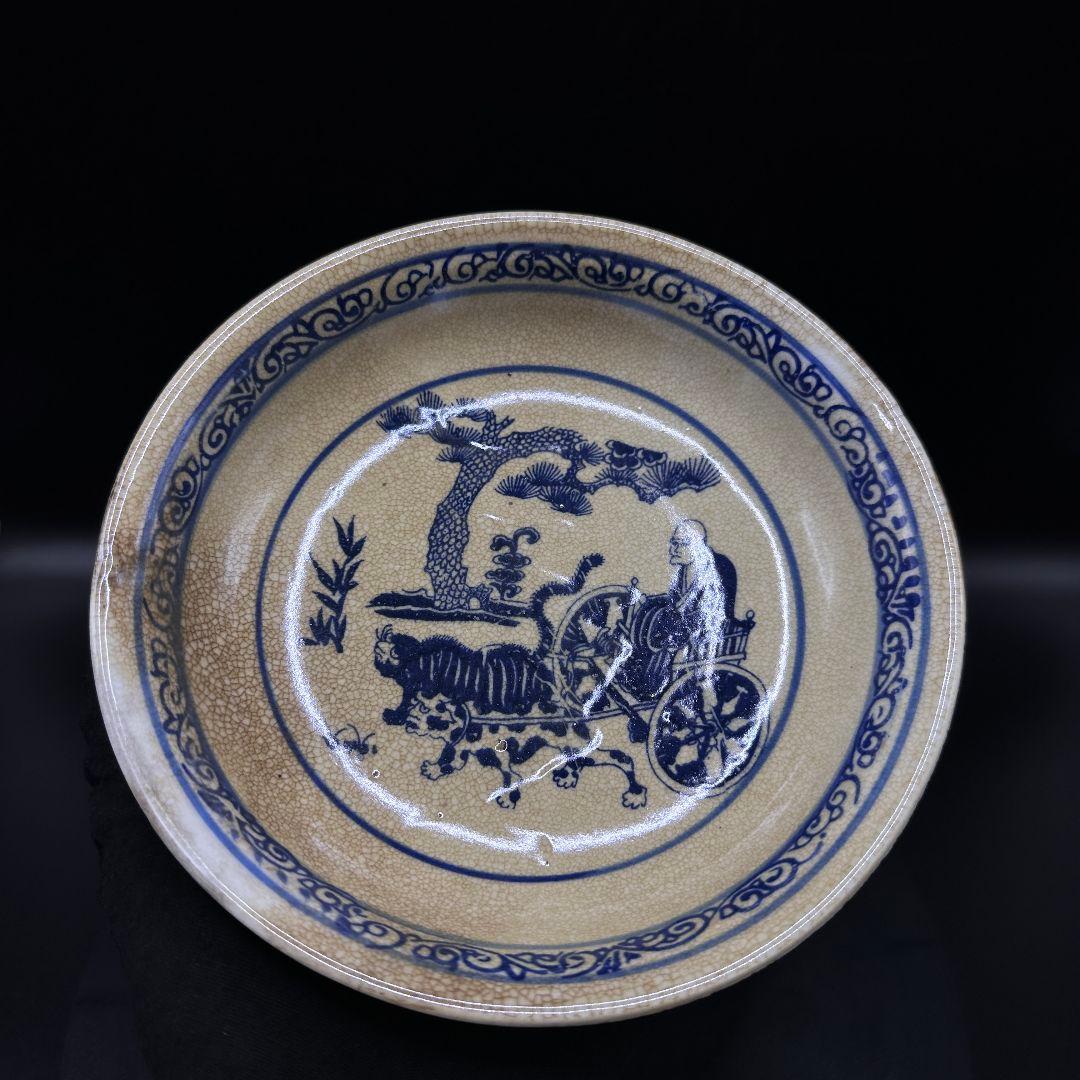 R113 アンティークアンティーク磁器 青花開片 鬼谷子下山 図紋洗賞皿