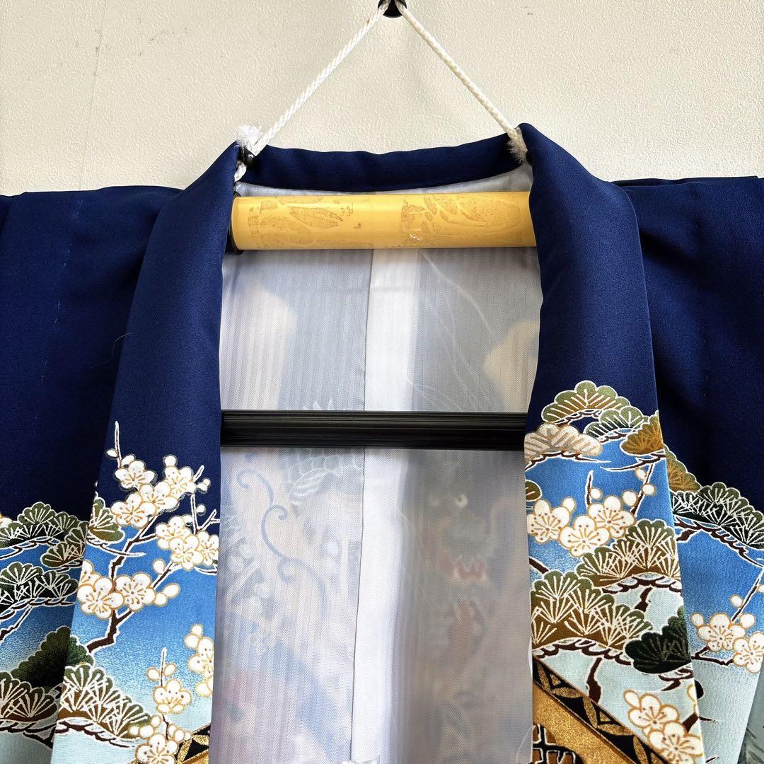 美品　七五三　５歳男の子　羽織　はおり　紺　兜　かぶと　化繊　5056