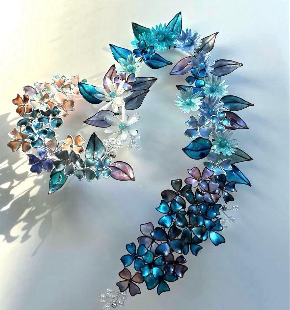 ブルー　大きなハート型フラワーリース　ワイヤークラフト　ディップアート　壁飾り