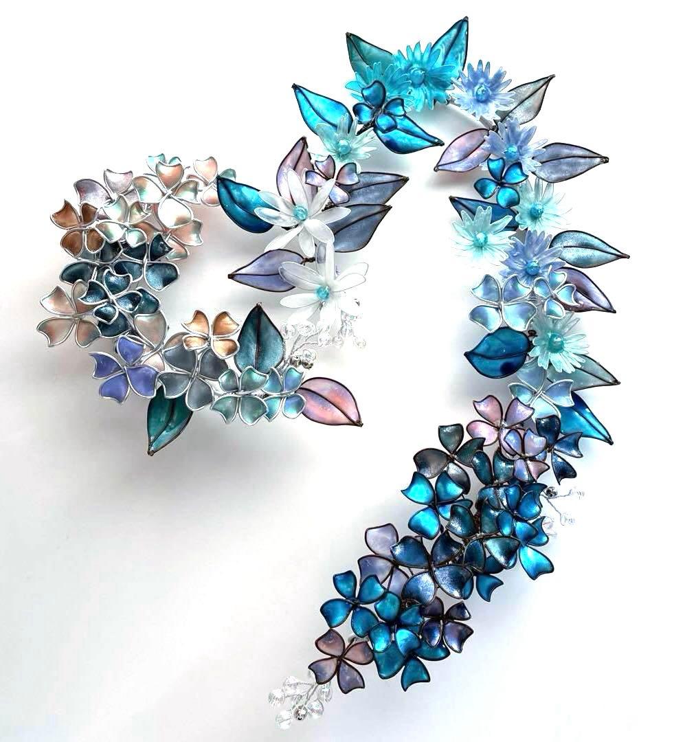 ブルー　大きなハート型フラワーリース　ワイヤークラフト　ディップアート　壁飾り