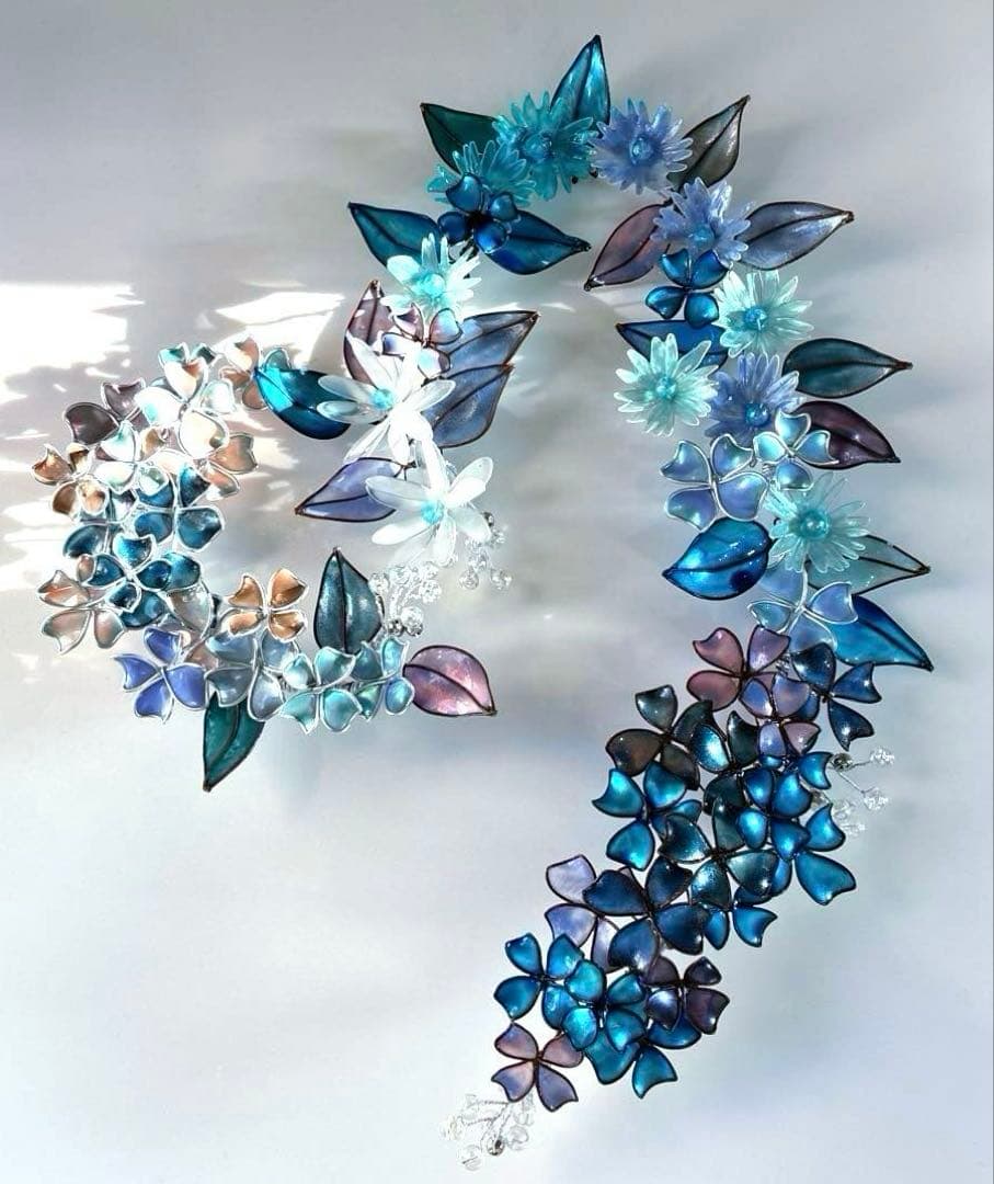 ブルー　大きなハート型フラワーリース　ワイヤークラフト　ディップアート　壁飾り