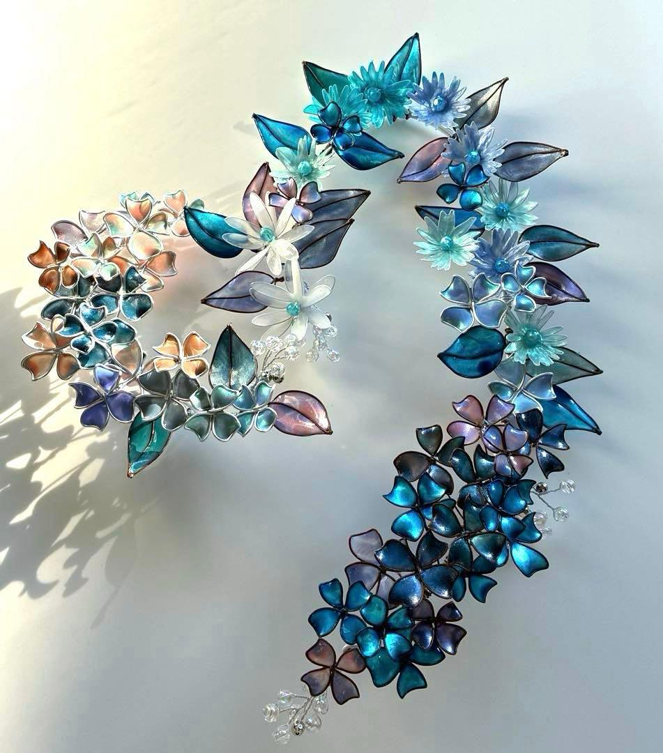 ブルー　大きなハート型フラワーリース　ワイヤークラフト　ディップアート　壁飾り