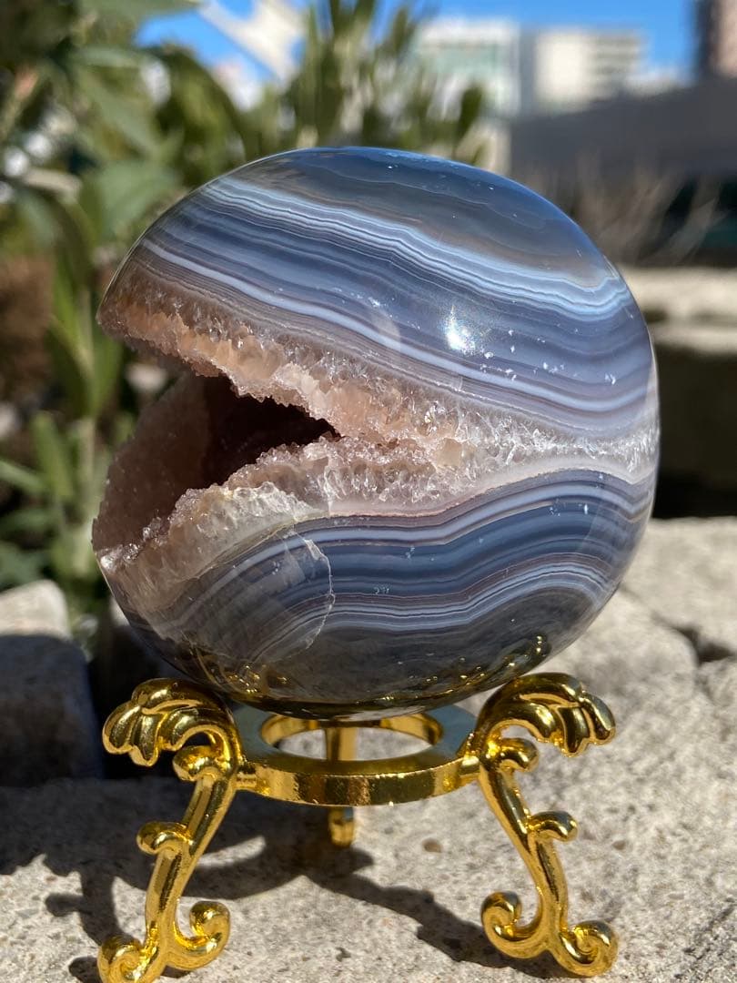 【開運・来福】希少！ピンクアメジスト笑口⭐2回結晶・周りブルーレース瑪瑙⭐RM2