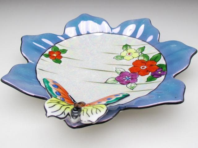 オールドノリタケ ブルー地花絵 蝶フィギュア付 ボウル