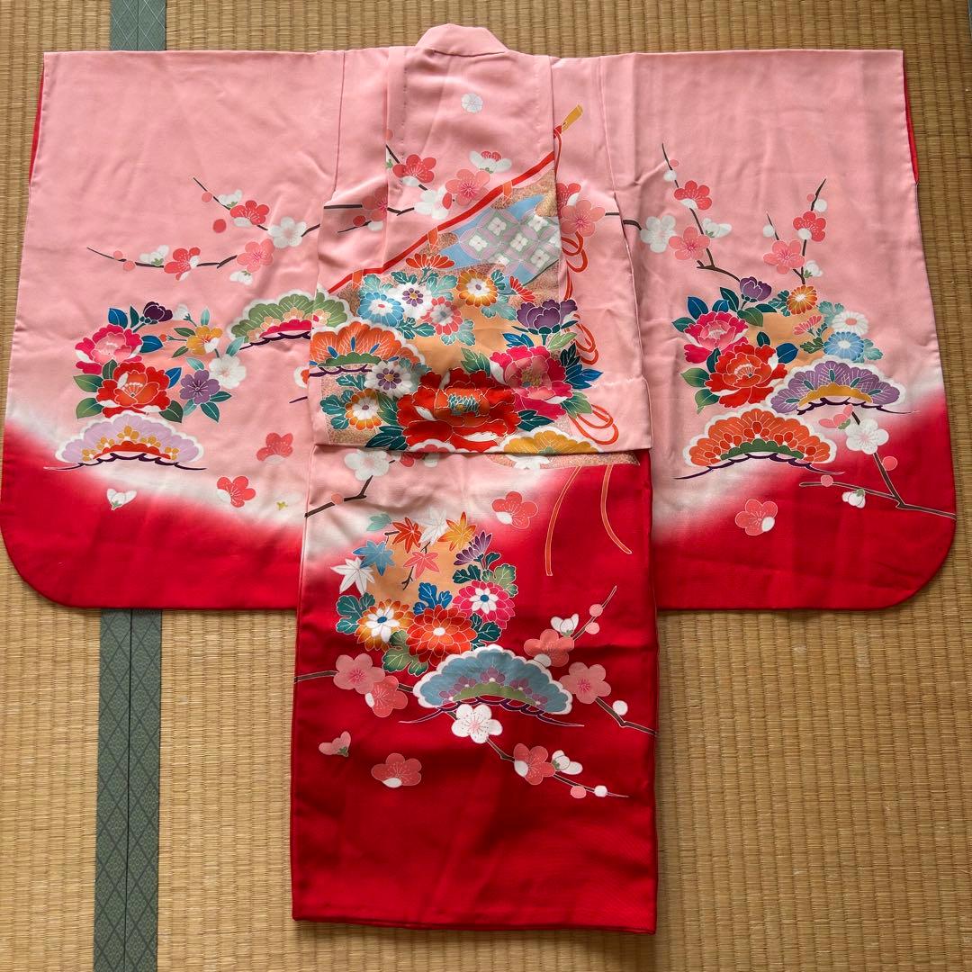 七五三 3歳 被布 着物 絹 三歳 赤 ピンク 753 子供着物 パステルカラー