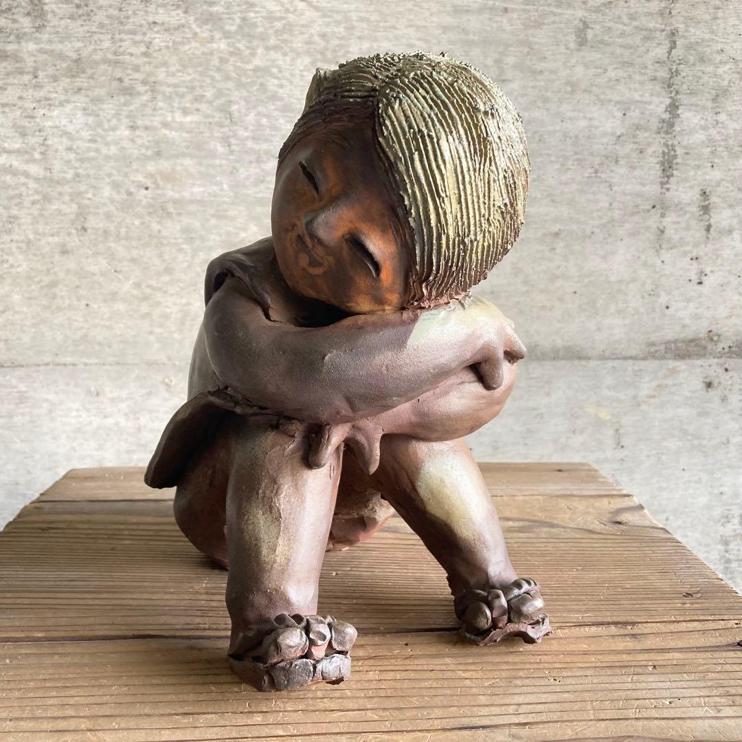 童子 子供 わらべ 像 陶器 陶芸 彫刻 置物 工芸品 和風 オブジェ レトロ