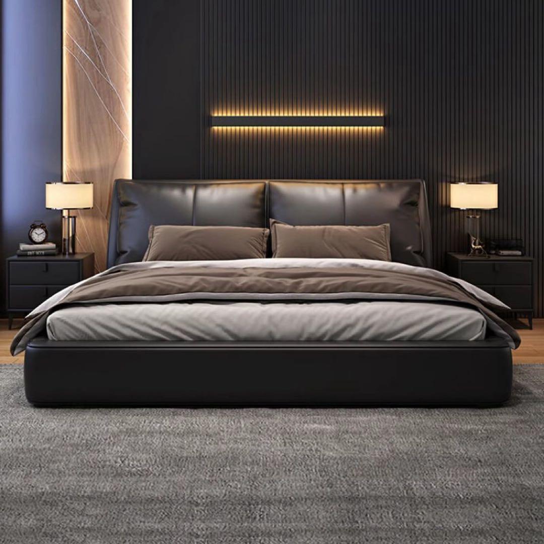 ラグジュアリー ベッド キングサイズ ブラックレザー デザイナーズ