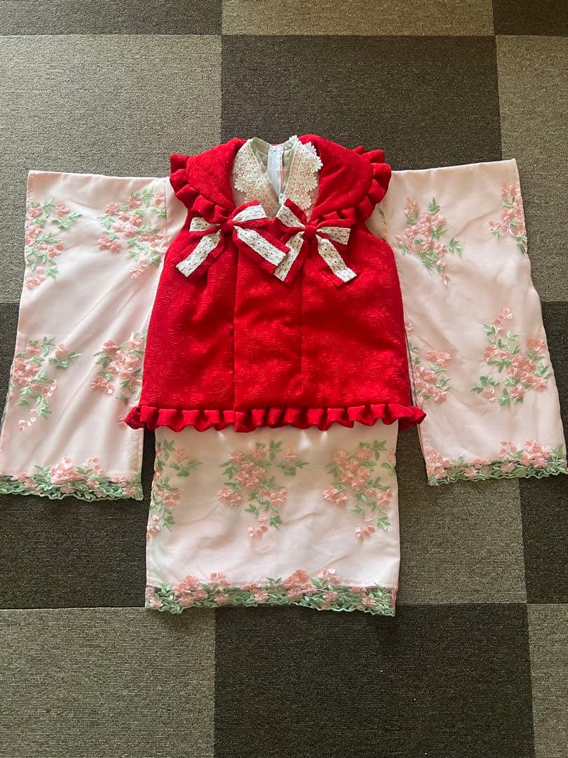 七五三用衣装と靴 ピンクでお花柄刺繍キャサリンコテージ　100センチ　つけ毛付き