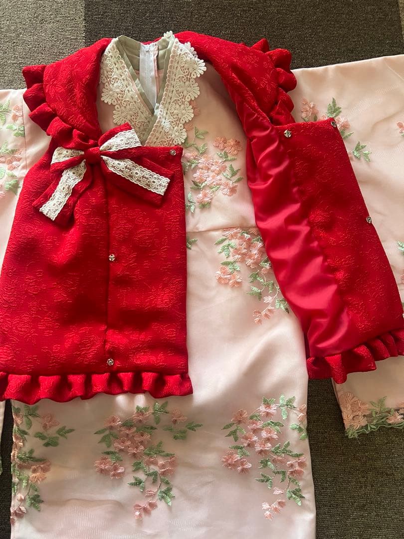 七五三用衣装と靴 ピンクでお花柄刺繍キャサリンコテージ　100センチ　つけ毛付き