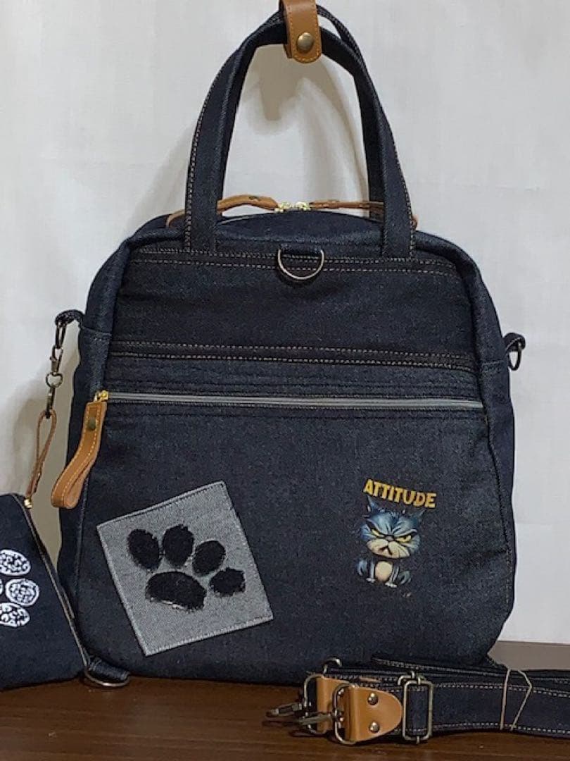 ☆岡山デニム☆ステンシル☆トラネコ☆悪ネコ☆4wayボストンバッグ