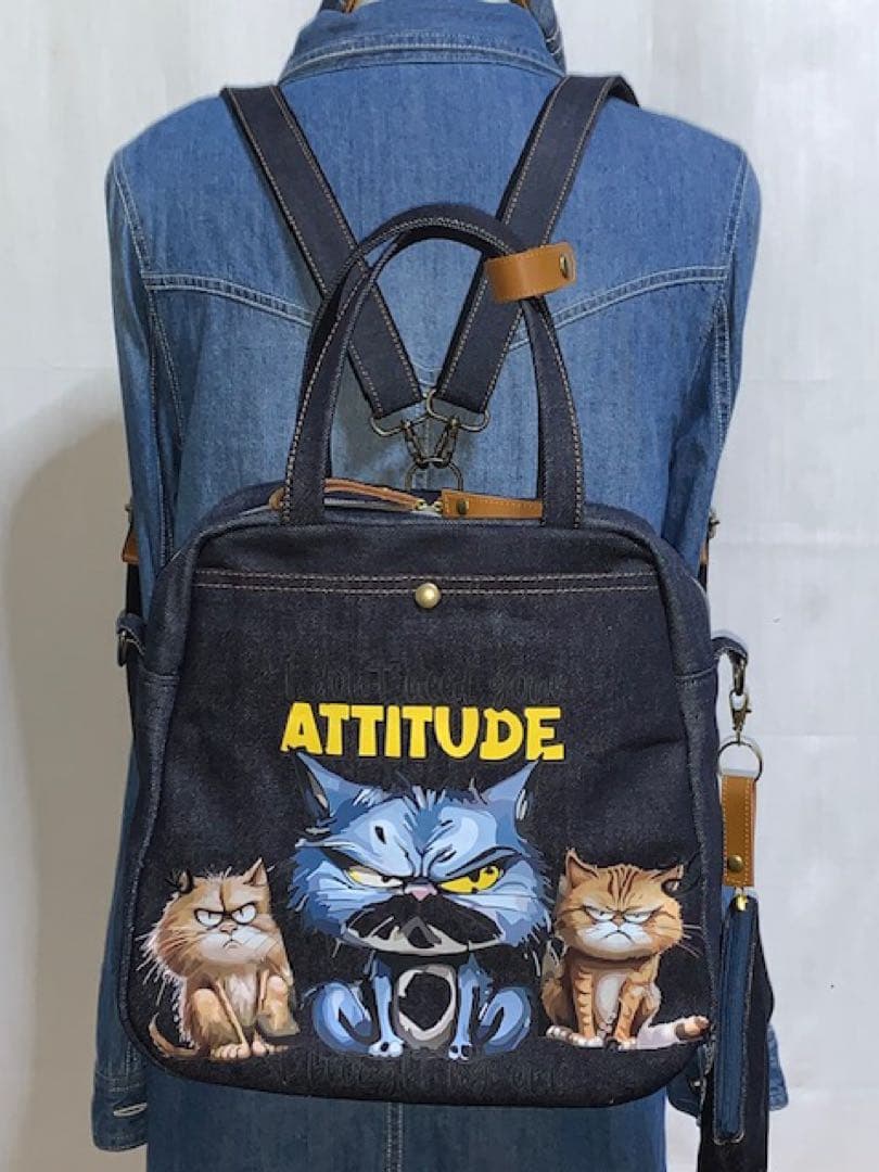 ☆岡山デニム☆ステンシル☆トラネコ☆悪ネコ☆4wayボストンバッグ