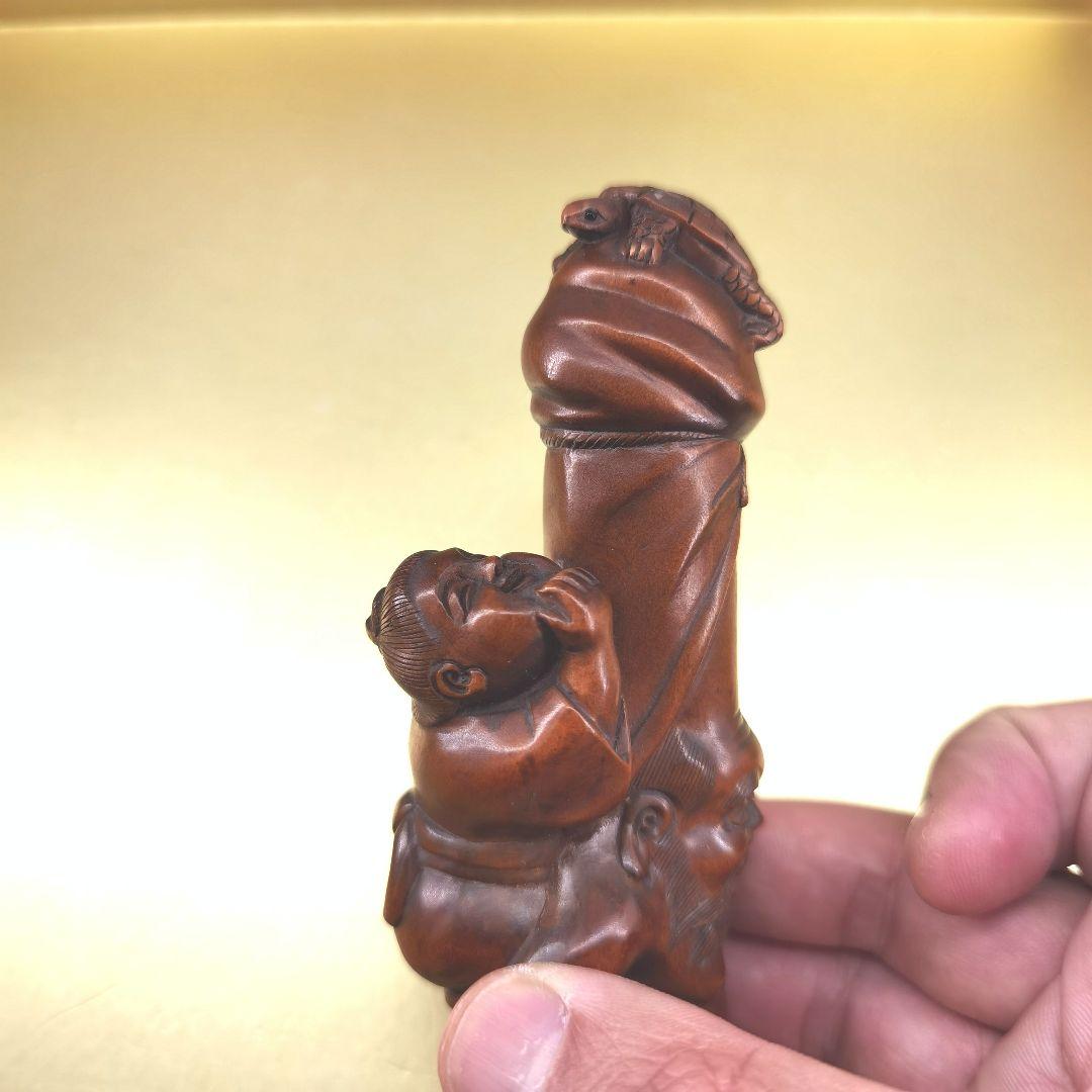 「草田雲非」《整理番号:BK051》 黄楊彫刻夫婦円満長寿ユーモア縁起置物