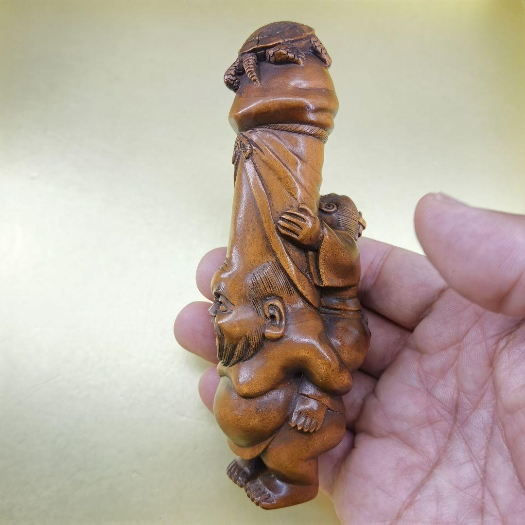 「草田雲非」《整理番号:BK051》 黄楊彫刻夫婦円満長寿ユーモア縁起置物