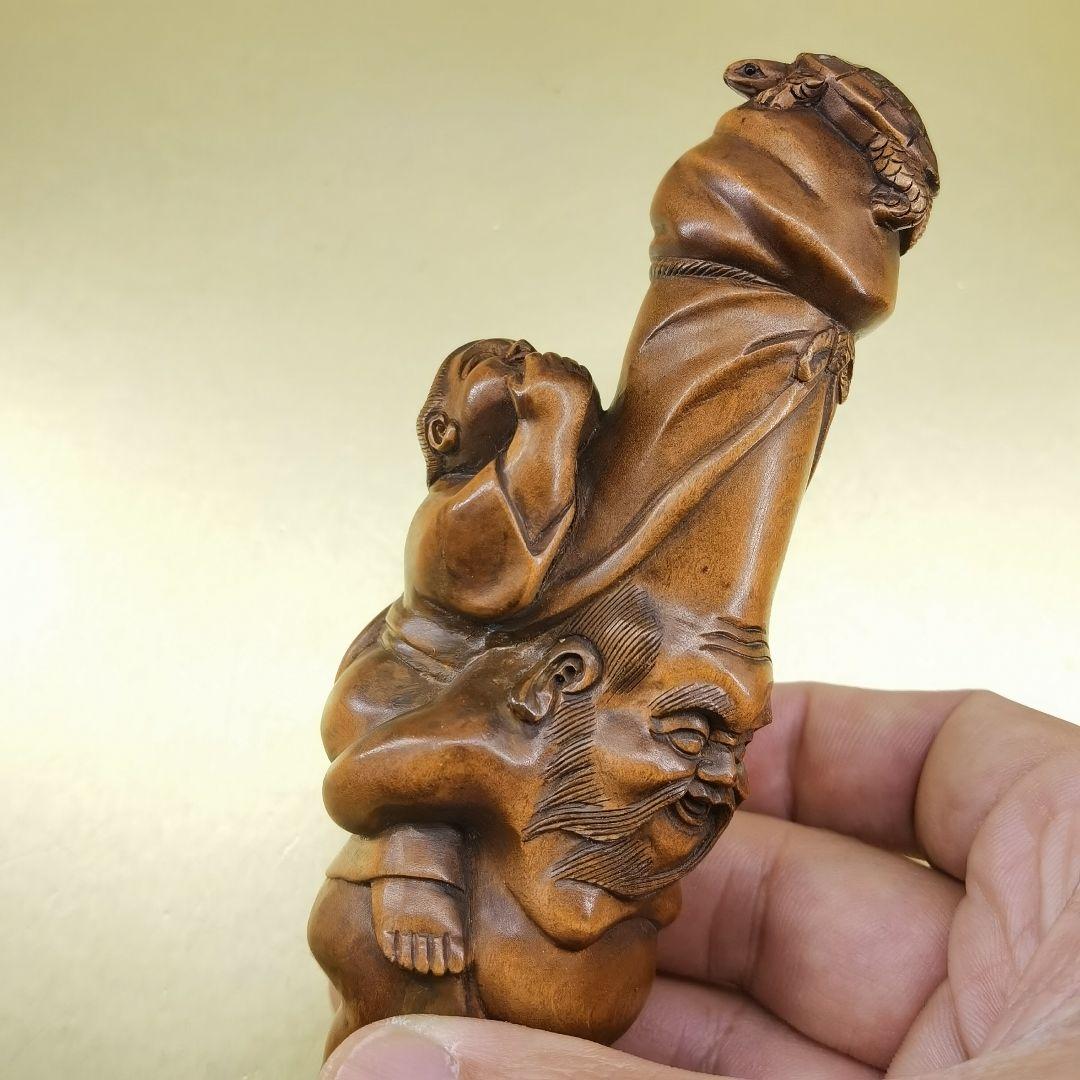 「草田雲非」《整理番号:BK051》 黄楊彫刻夫婦円満長寿ユーモア縁起置物