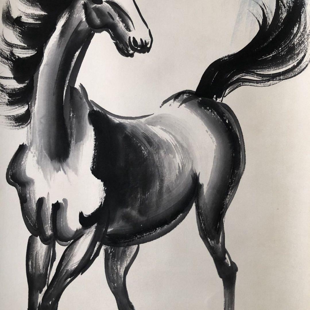 徐悲鴻 馬図 四条屏 純手描き 水墨画 表装済み（4枚セット）